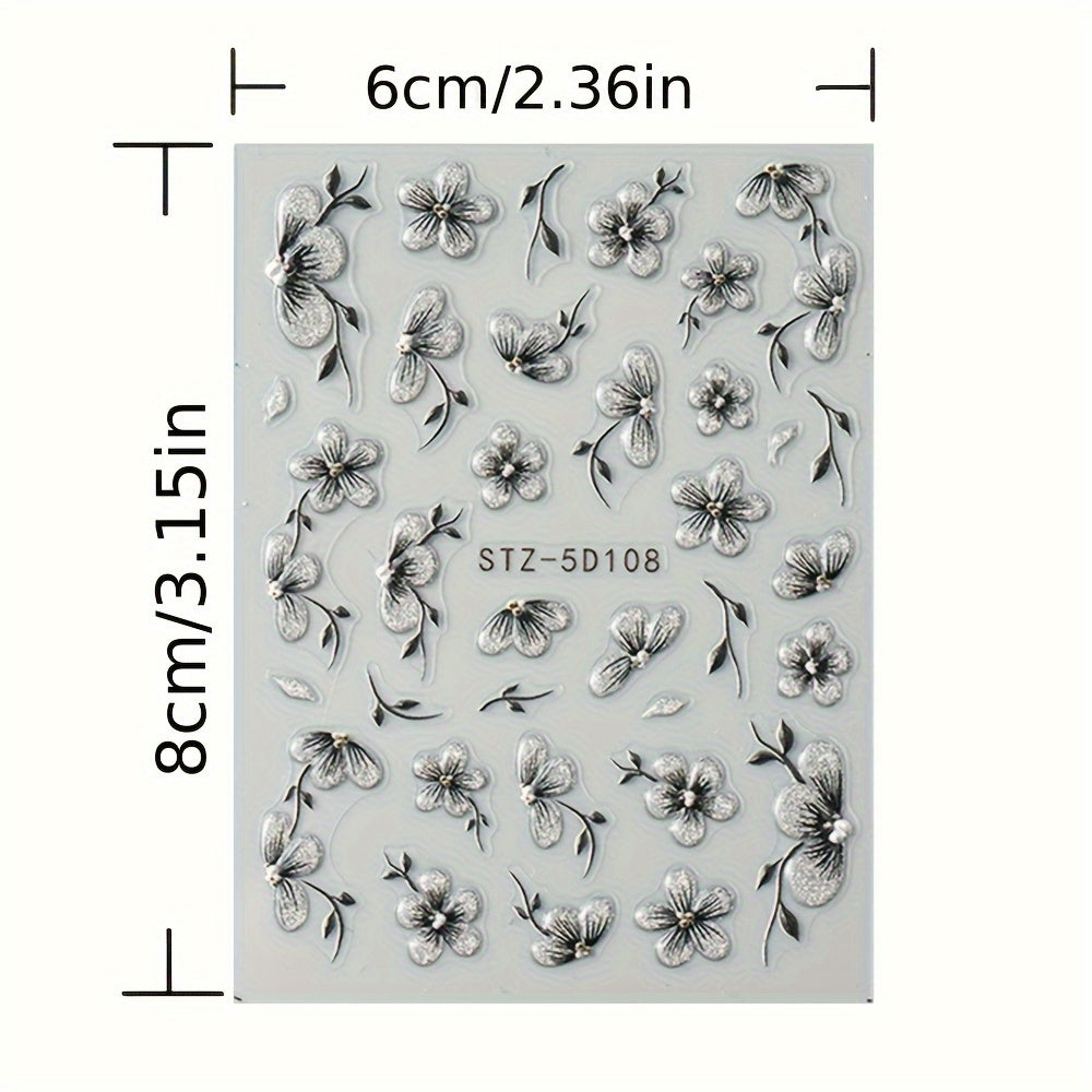 2pcs 5D Floral Nail Art Stickers Set Acrylic Flowers Decals with Glitter