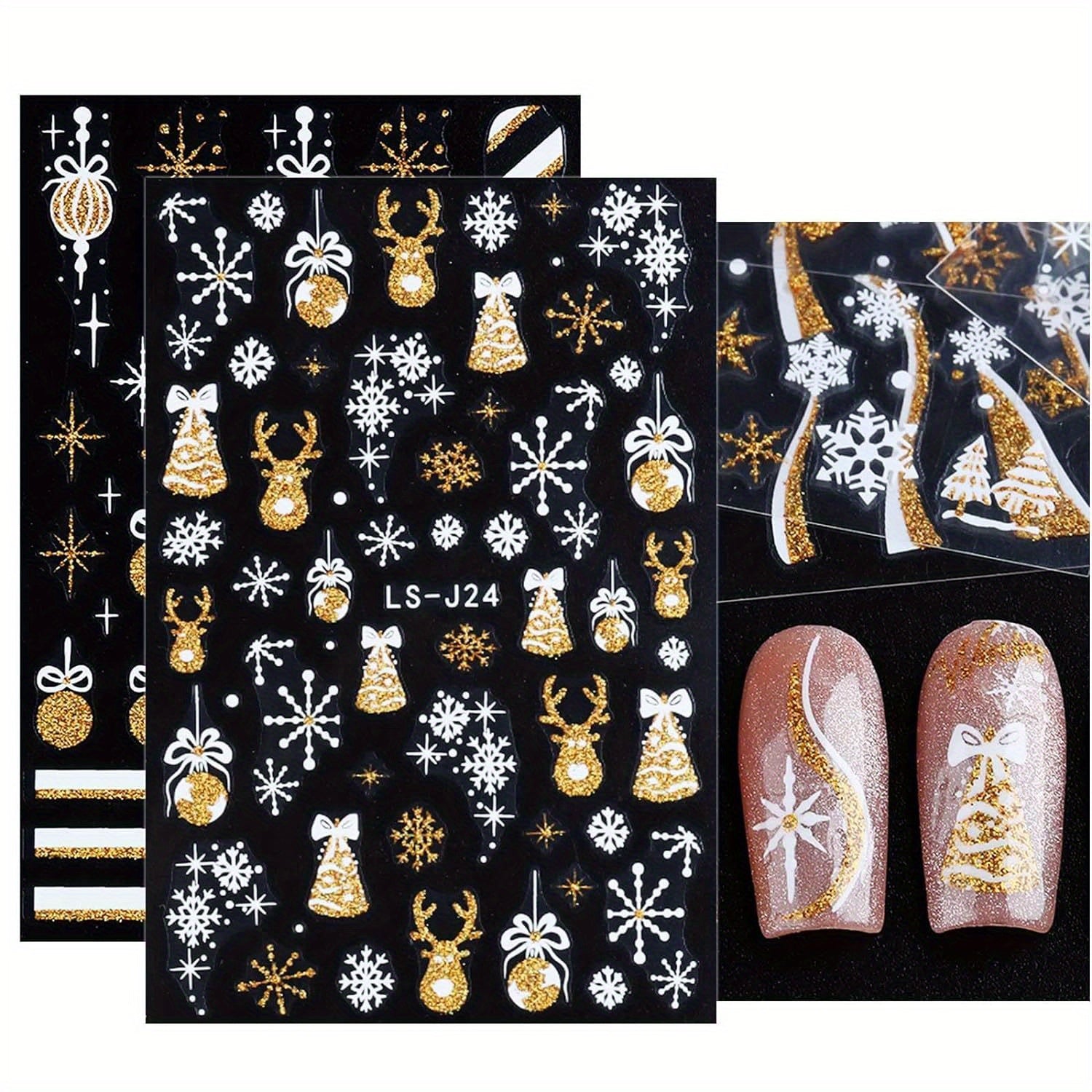 4 Vibrant Christmas Nail Art Stickers Golden Snowman Snowflake