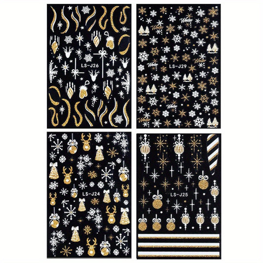 4 Vibrant Christmas Nail Art Stickers Golden Snowman Snowflake