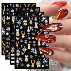 4 Vibrant Christmas Nail Art Stickers Golden Snowman Snowflake