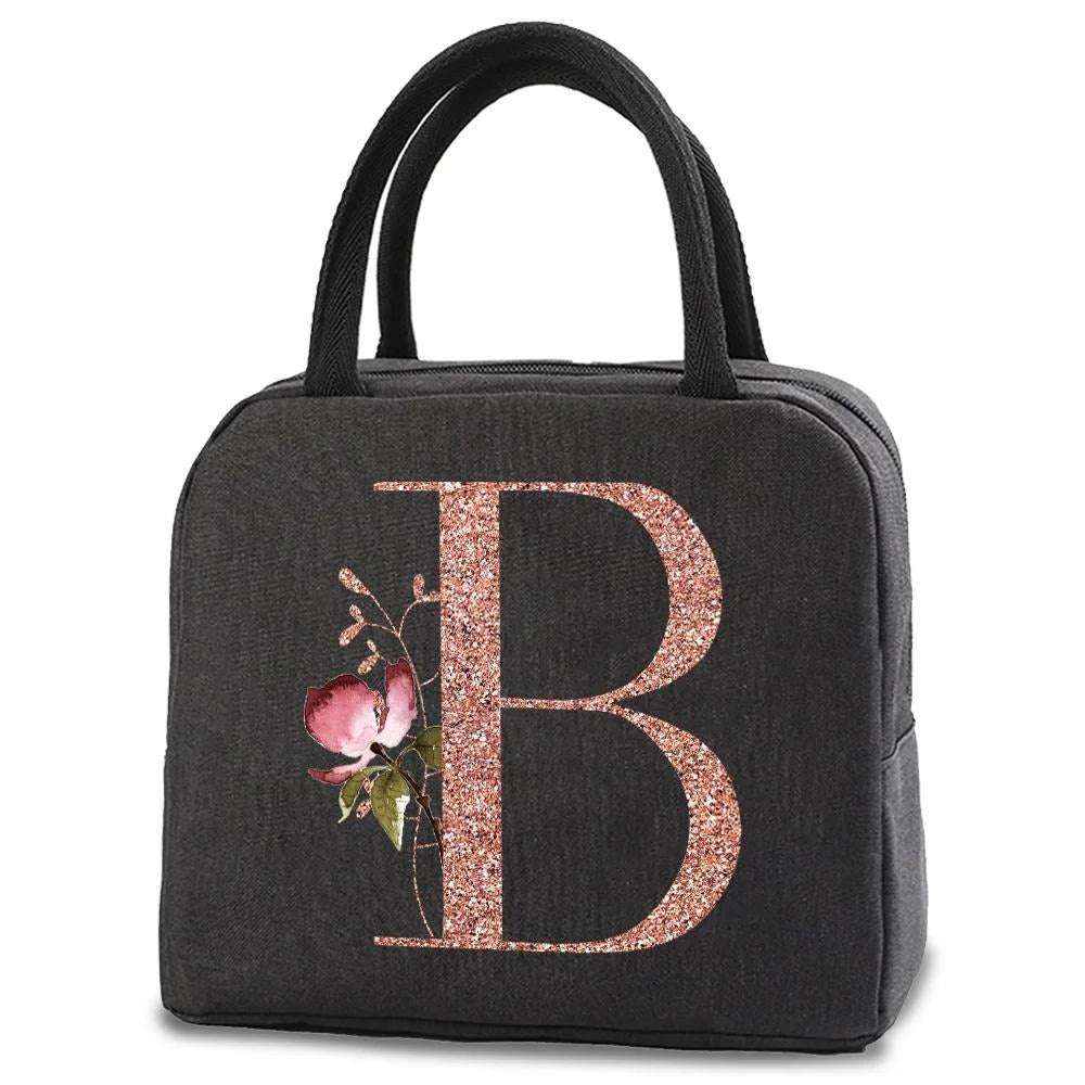 Insulated Lunch Bag with Rose Golden Monogram and Ice Pack Pocket