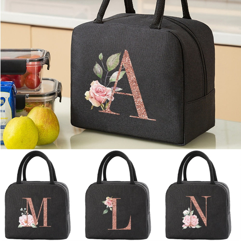 Insulated Lunch Bag with Rose Golden Monogram and Ice Pack Pocket