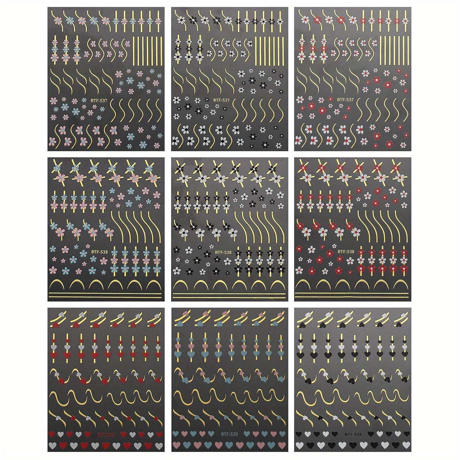 9 Sheets Heart Line Flower Nail Art Stickers Self Adhesive Nail Supplies