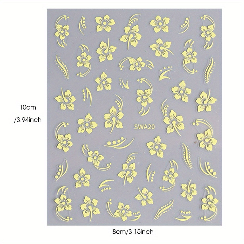 4pcs Floral Nail Art Stickers Self-Adhesive Sparkle Finish Easy Apply 3D Decals