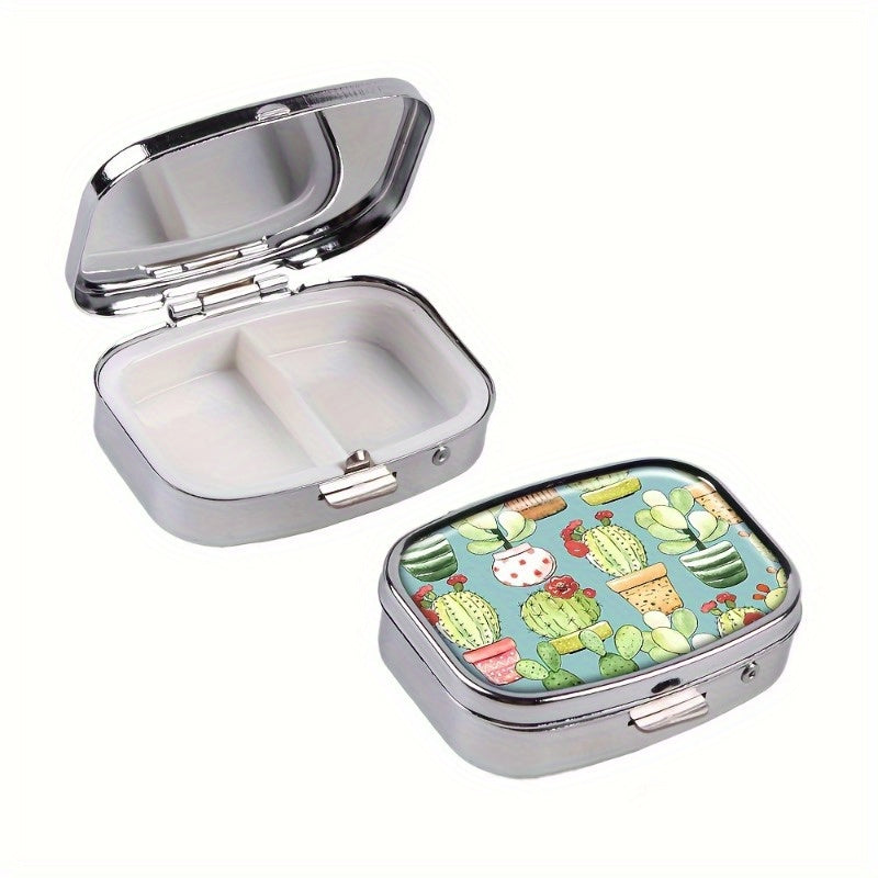 Cacti & Pots Turquoise Pill Case 2 Compartment Medicine Organizer