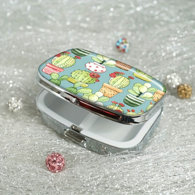 Cacti & Pots Turquoise Pill Case 2 Compartment Medicine Organizer