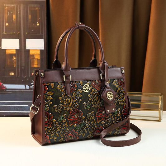 Vintage Floral Tote Bag for Women Large Capacity Adjustable Strap Faux Leather