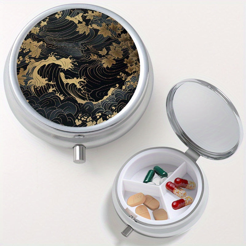 Wave Pattern Round Pill Case 3 Compartments Medicine Organizer Box
