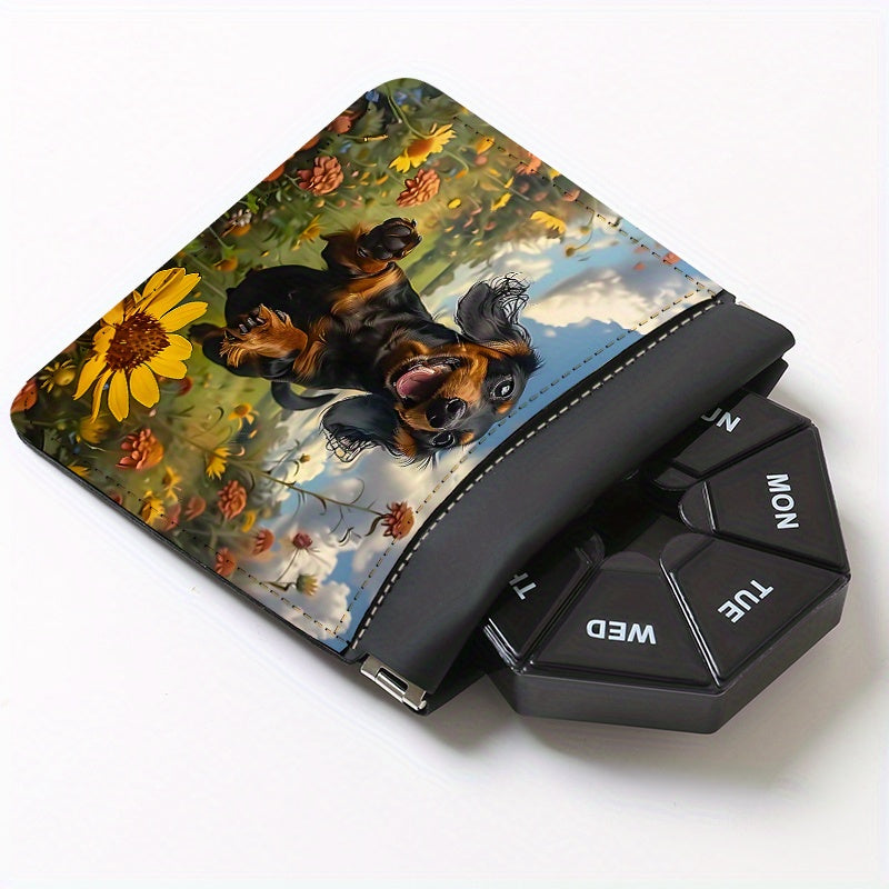 2 Pack Dog & Flower Pattern 7 Pill Organizer Boxes with Dual Layer Storage Pouch