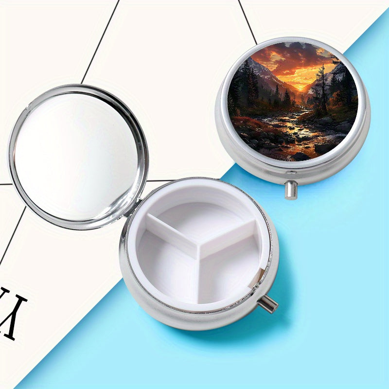 Landscape Print Round Pill Box 3 Compartments Mini Medicine Nutritional Vitamin