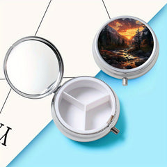 Landscape Print Round Pill Box 3 Compartments Mini Medicine Nutritional Vitamin