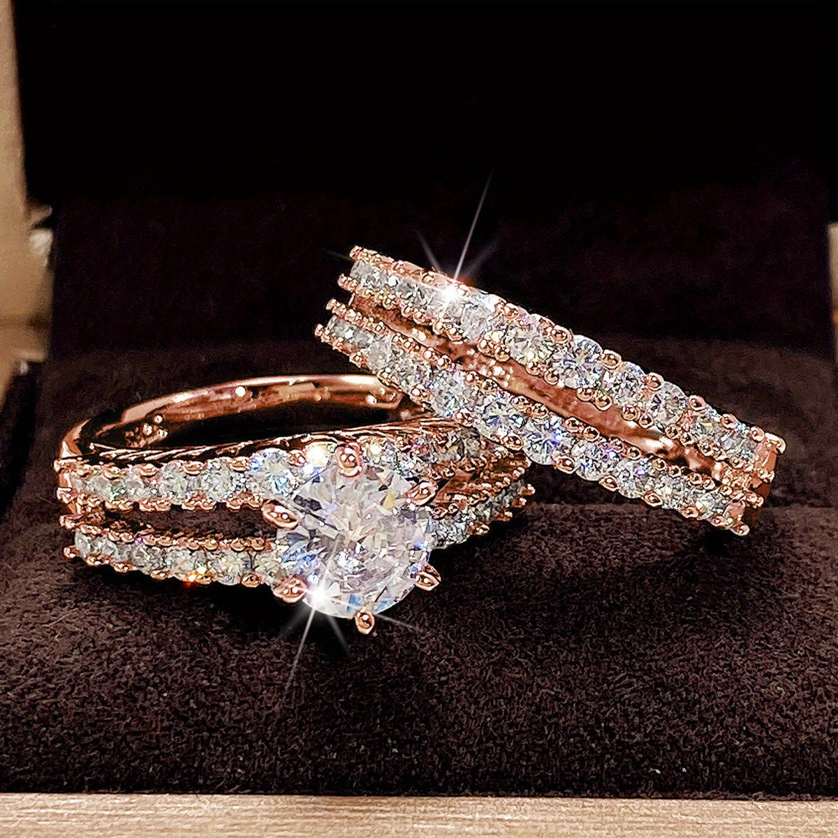 2 Pcs Bridal Wedding Rings 18K Plated 6 Prong Setting Zircon Rings For Women