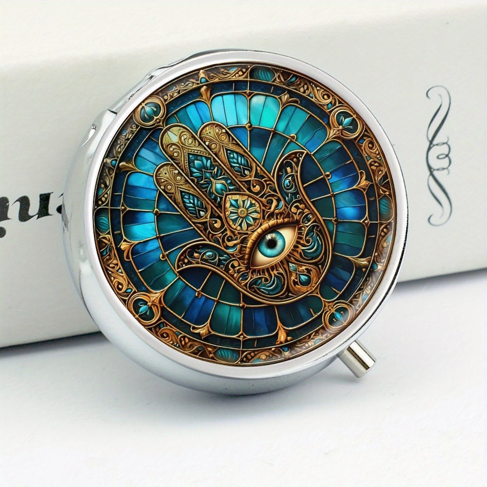 Mystical Hamsa Hand & Evil Eye Pill Box 3 Compartment Metal Medicine Organizer