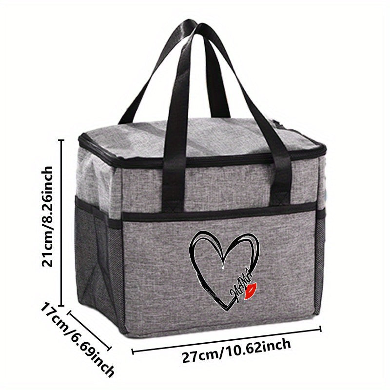 Insulated Lunch Bag Love MAMA Portable Cooler Tote Grey Thermal Food