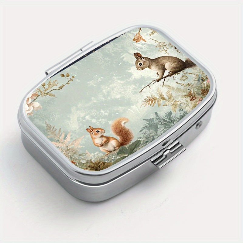 Squirrel Flower Print Square Medicine Box Two Compartment Pill Box