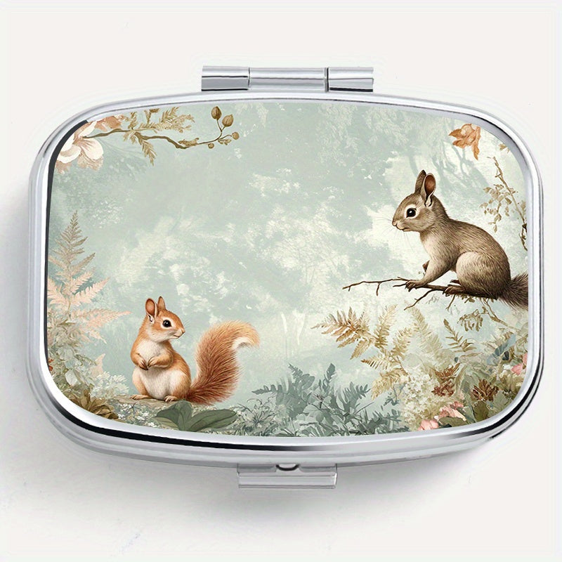 Squirrel Flower Print Square Medicine Box Two Compartment Pill Box