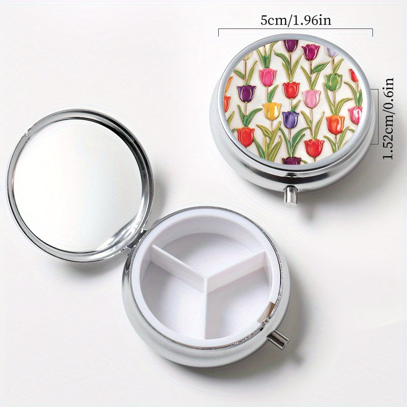 2pcs Tulip Pattern Pill Boxes Portable Medicine Case 3 Compartments for Travel