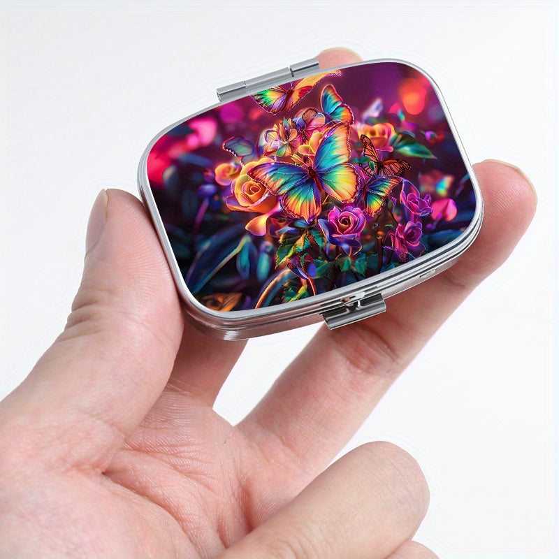 Set of 2 Butterfly Pattern Pill Boxes, Round & Square Compartments