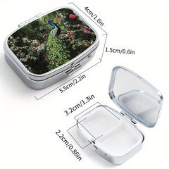 Peacock Pattern Pill Box Set - Round & Square, Portable Medicine