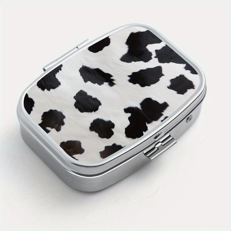 Cow Print Pill Organizer 2 Compartment Metal Box for Travel & Outdoors
