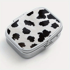 Cow Print Pill Organizer 2 Compartment Metal Box for Travel & Outdoors