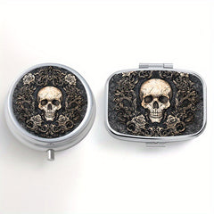 Gothic Skull Print Pill Organizer Set 3 Compartment Round Box 2 Compartment