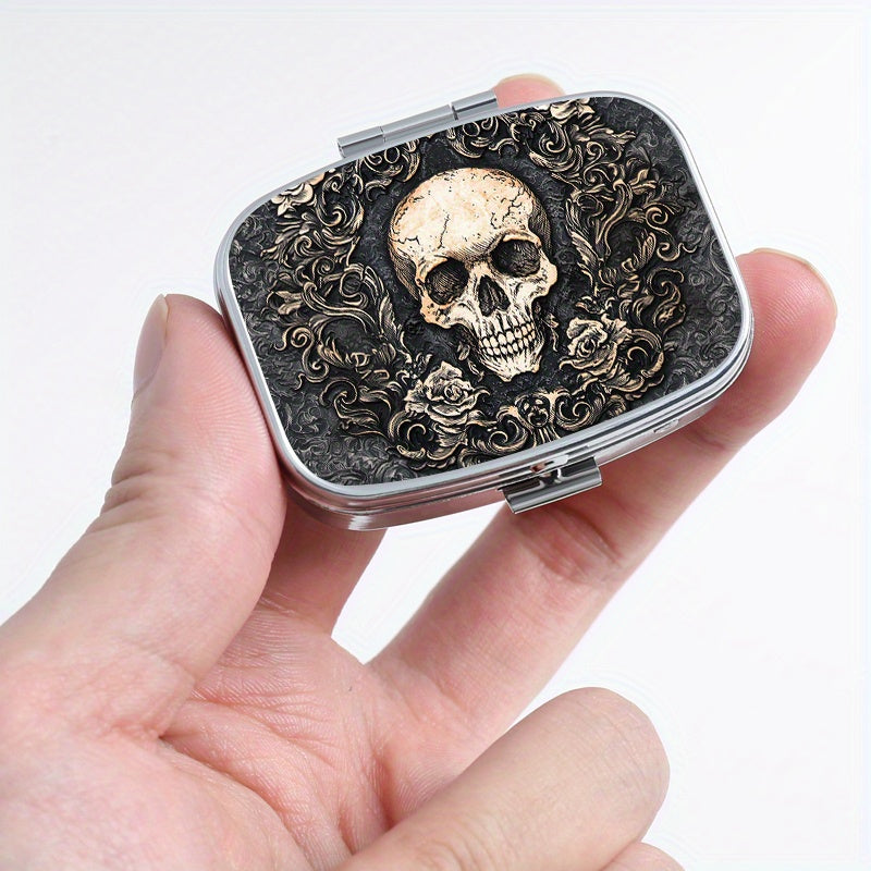 Gothic Skull Print Pill Organizer Set 3 Compartment Round Box 2 Compartment