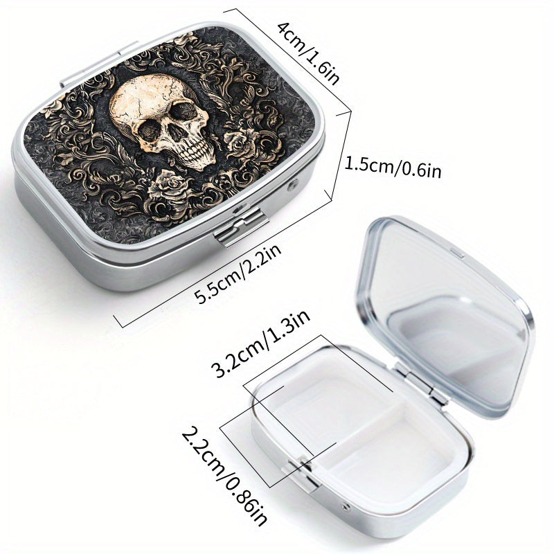 Gothic Skull Print Pill Organizer Set 3 Compartment Round Box 2 Compartment