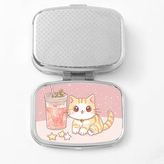 Cat Print Drink Square Pill Box Dual Compartment Metal Medicine Case