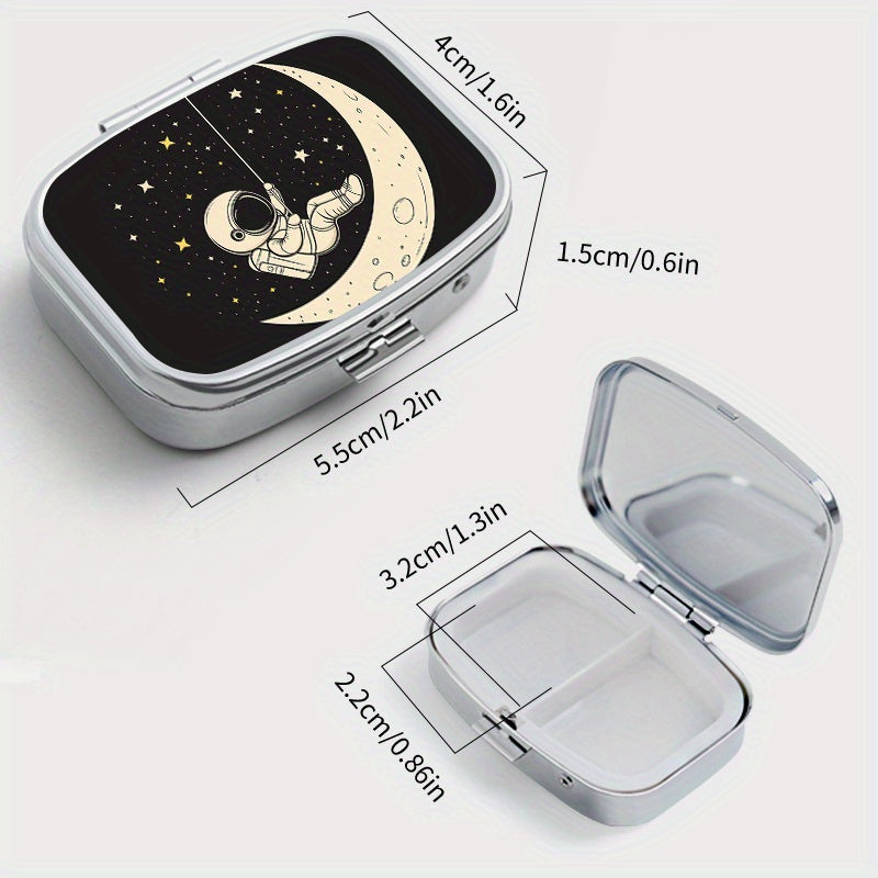 Moon Print Pill Organizer Compact 2 Compartment Metal Case