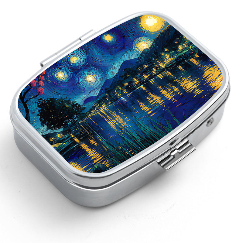Van Gogh Starry Night Pill Box 2 Compartment Compact Metal Medicine Case