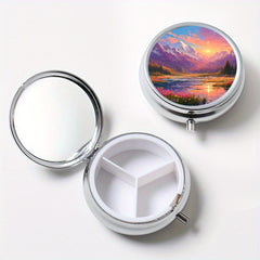 Snow Mountain Round Pill Box 3 Compartment Mini Portable Travel Outdoor Sports