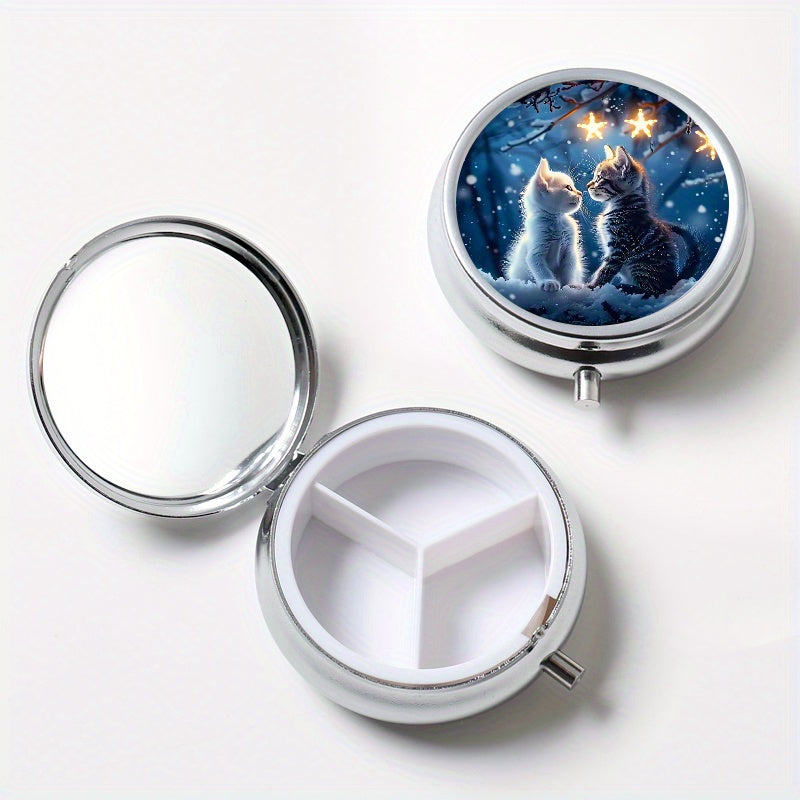 Couple Cat Pattern Round Pill Box 3 Compartment Mini Portable