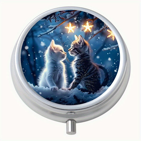 Couple Cat Pattern Round Pill Box 3 Compartment Mini Portable