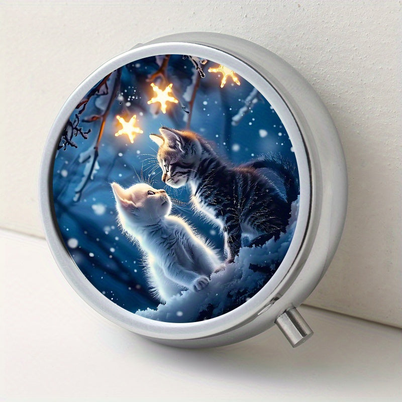 Couple Cat Pattern Round Pill Box 3 Compartment Mini Portable