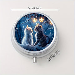 Couple Cat Pattern Round Pill Box 3 Compartment Mini Portable
