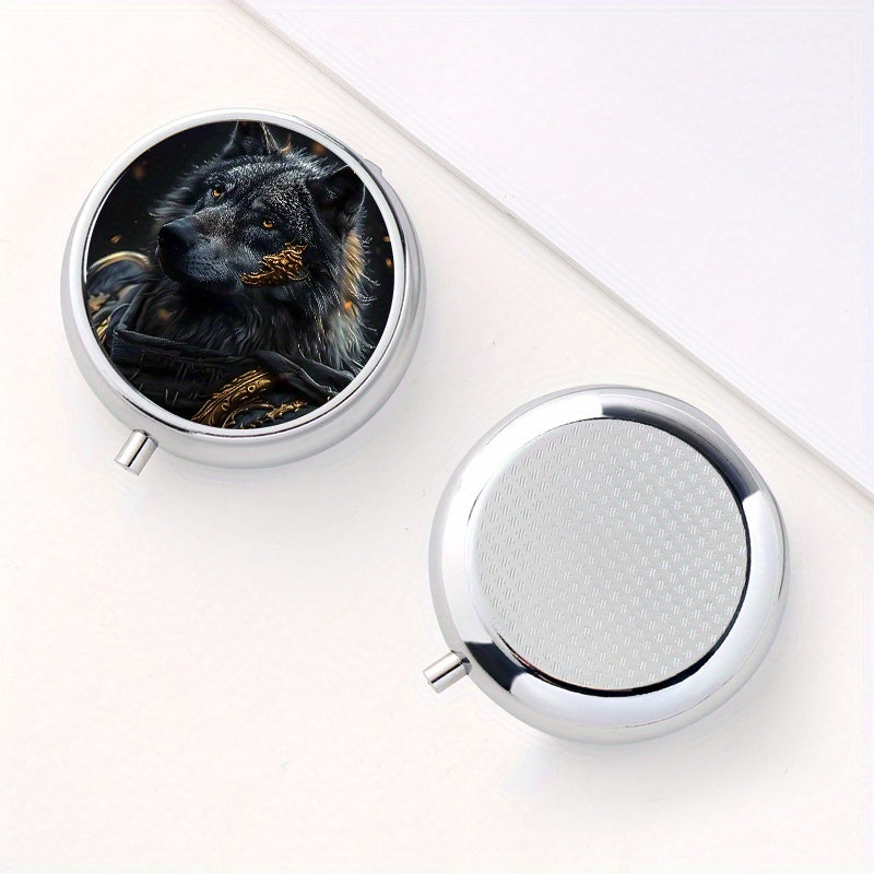Armored Wolf Pattern Round Medicine Box Mini Portable Pill Box for Travel
