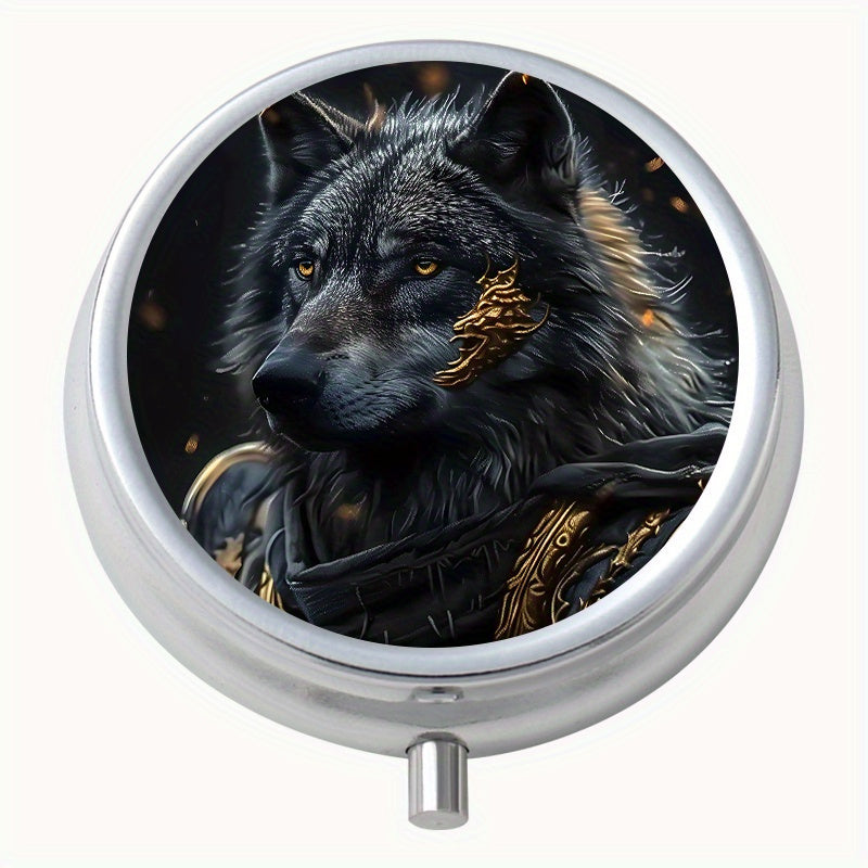 Armored Wolf Pattern Round Medicine Box Mini Portable Pill Box for Travel