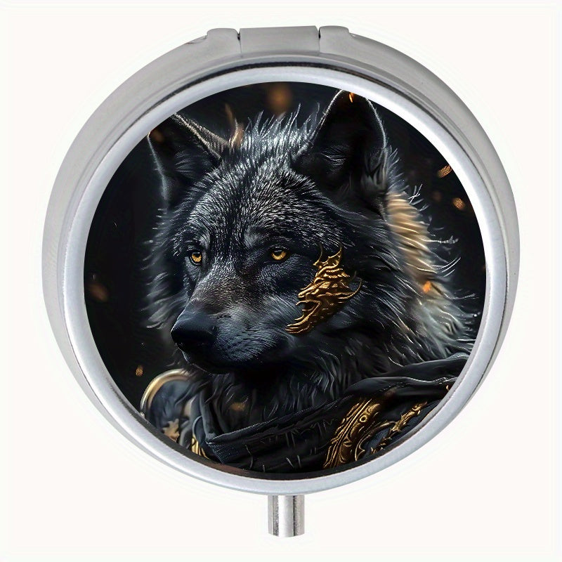 Armored Wolf Pattern Round Medicine Box Mini Portable Pill Box for Travel