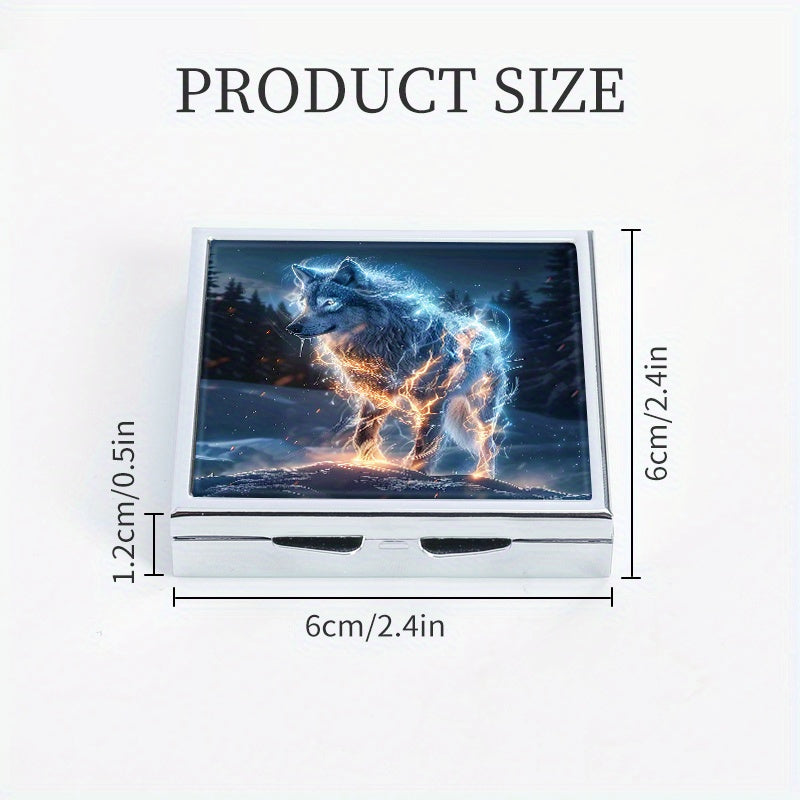 Ice Flame Wolf Print Pill Organizer Metal Case