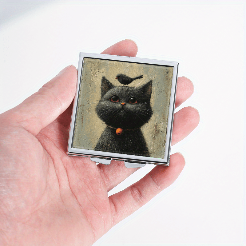 Cat & Bird Illustration Pill Box 4 Compartment Mini Portable Med