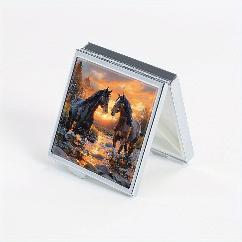Horse Print Square Pill Case 4 Compartment Mini Portable Medicine Box