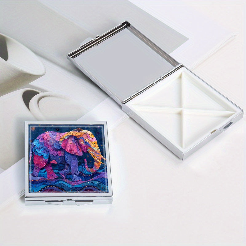 Colorful Elephant Print Square Pill Organizer 4 Compartment Metal Case