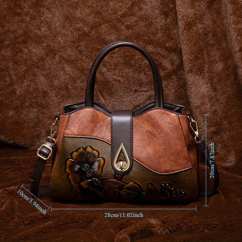 Vintage Floral Embossed Handbag for Women Large Capacity Deep Brown