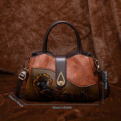 Vintage Floral Embossed Handbag for Women Large Capacity Deep Brown