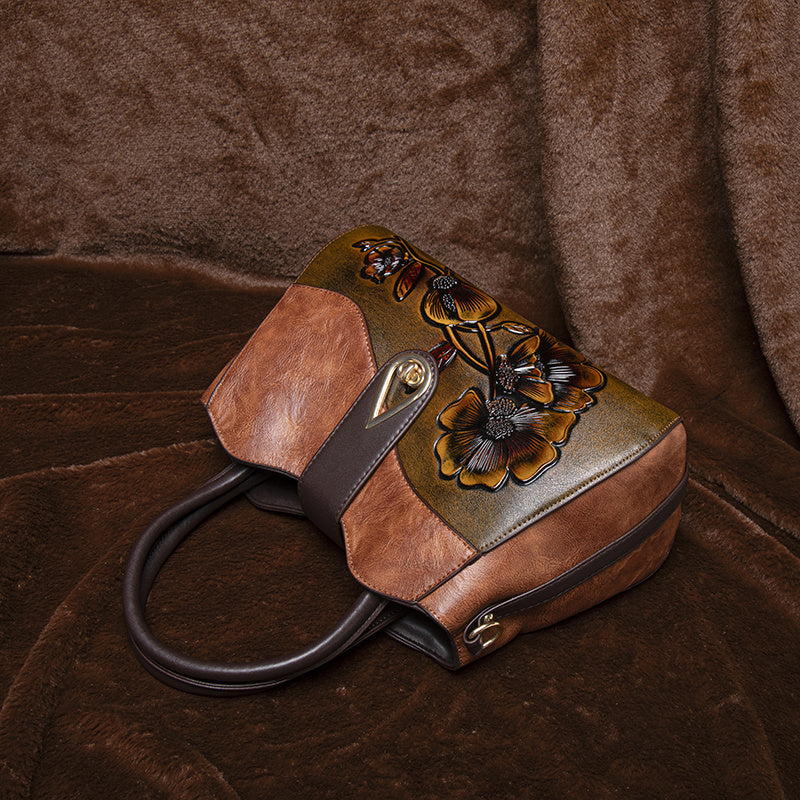Vintage Floral Embossed Handbag for Women Large Capacity Deep Brown