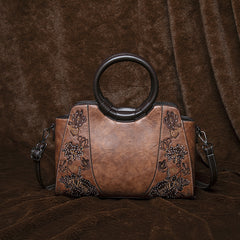 Vintage Floral Embroidered Messenger Bag Dark Brown