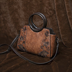 Vintage Floral Embroidered Messenger Bag Dark Brown