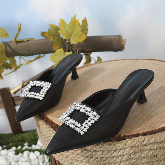 Women's Rhinestone Buckle Kitten Heels Pointed Toe Slip On Slingback Low Heels