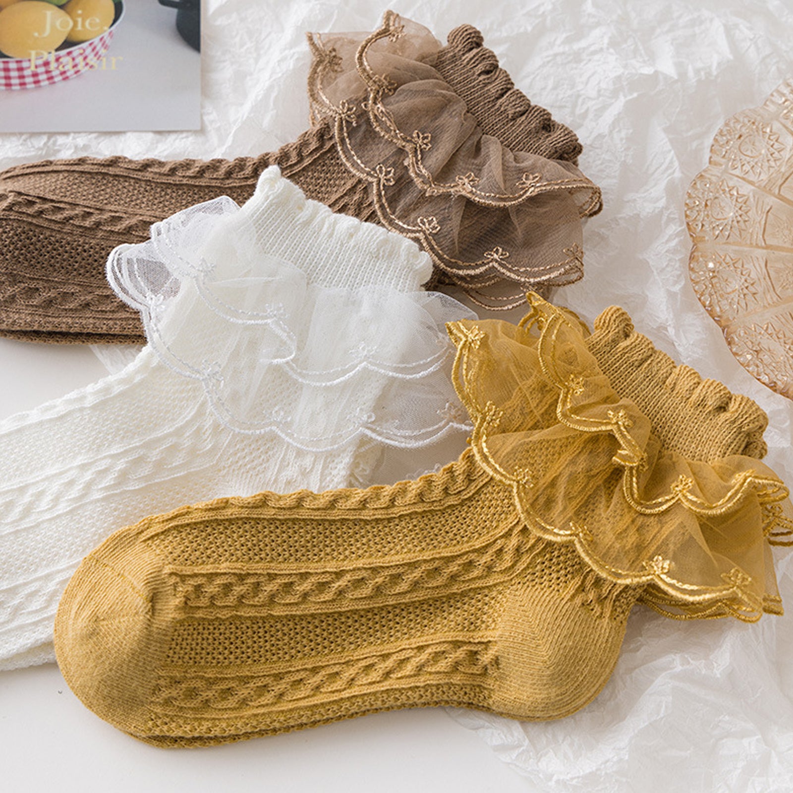 5 Pairs Girls Lace Brim Cotton Knit Socks for Autumn and Spring